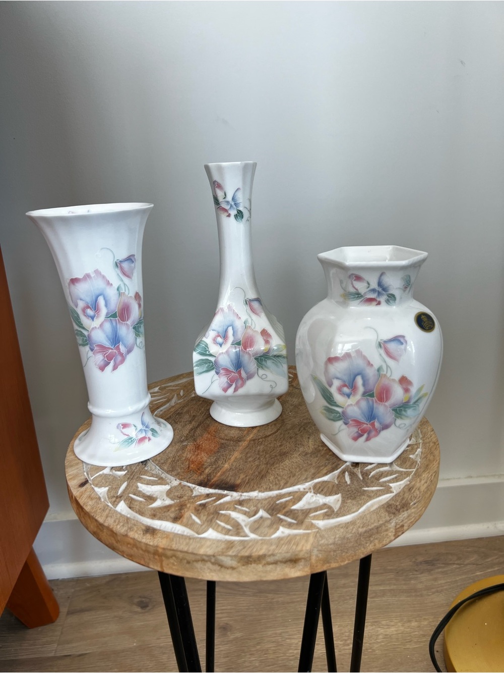 Lot of 3 Aynsley Floral Porcelain Accent Vase - White with Pink & Blue Flowers